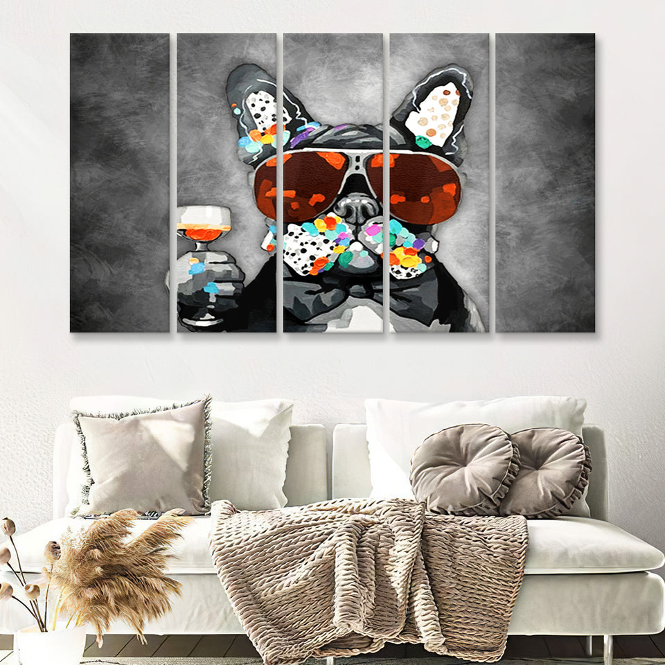 Modern Dog With Sunglasses Cool Watercolor Canvas 5 Piece B Prints Wall Art Decor - Painting Canvas, Multi Panels, Canvas Prints