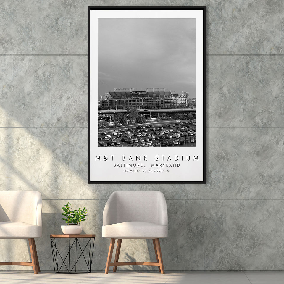 M&T Bank Stadium Baltimore Ravens Football Lovers Black And White Art Framed Canvas Prints Wall Art Home Decor, Floating Frame