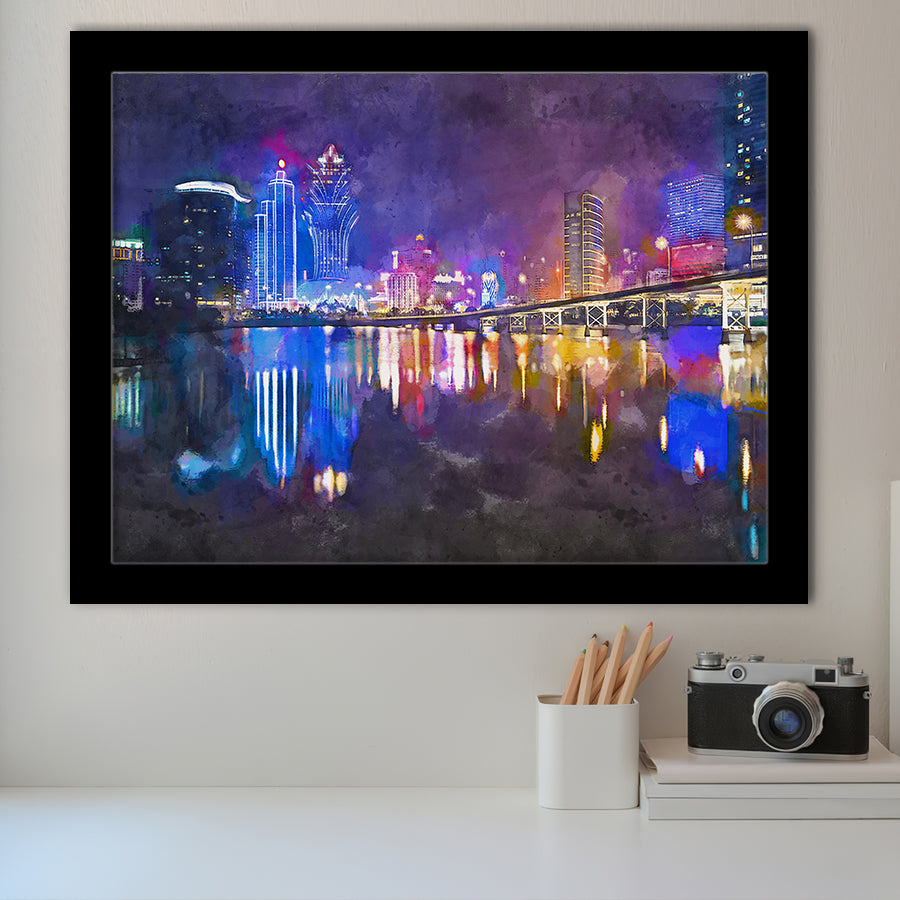 Macau China Skyline High Rise Casino City Art Watercolor Framed Art Prints Wall Art Decor,Framed Picture