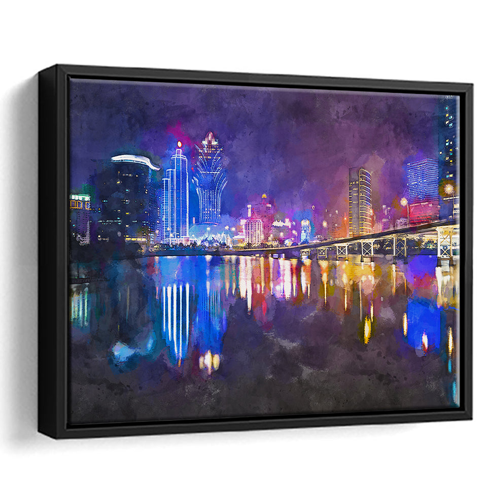 Macau China Skyline High Rise Casino City Art Watercolor Framed Canvas Prints Wall Art Home Decor,Floating Frame