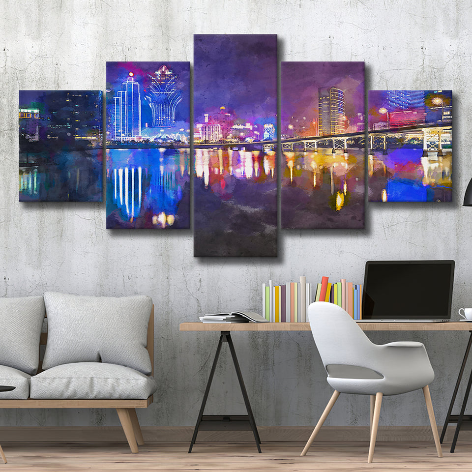 Macau China Skyline High Rise Casino 5 Pieces Mixed Canvas Prints Wall Art Home Decor