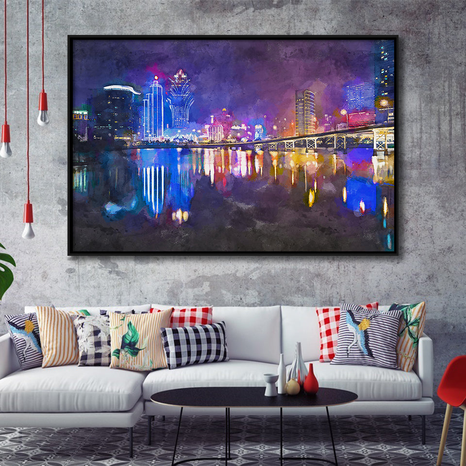 Macau China Skyline High Rise Casino City Art Watercolor Framed Canvas Prints Wall Art Home Decor,Floating Frame