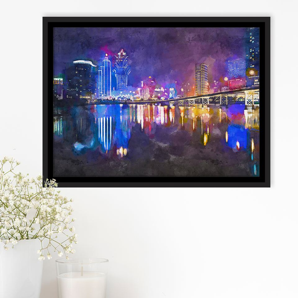 Macau China Skyline High Rise Casino City Art Watercolor Framed Canvas Prints Wall Art Home Decor,Floating Frame