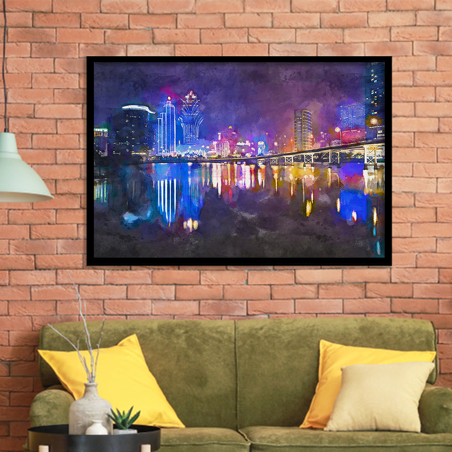 Macau China Skyline High Rise Casino City Art Watercolor Framed Art Prints Wall Art Decor,Framed Picture