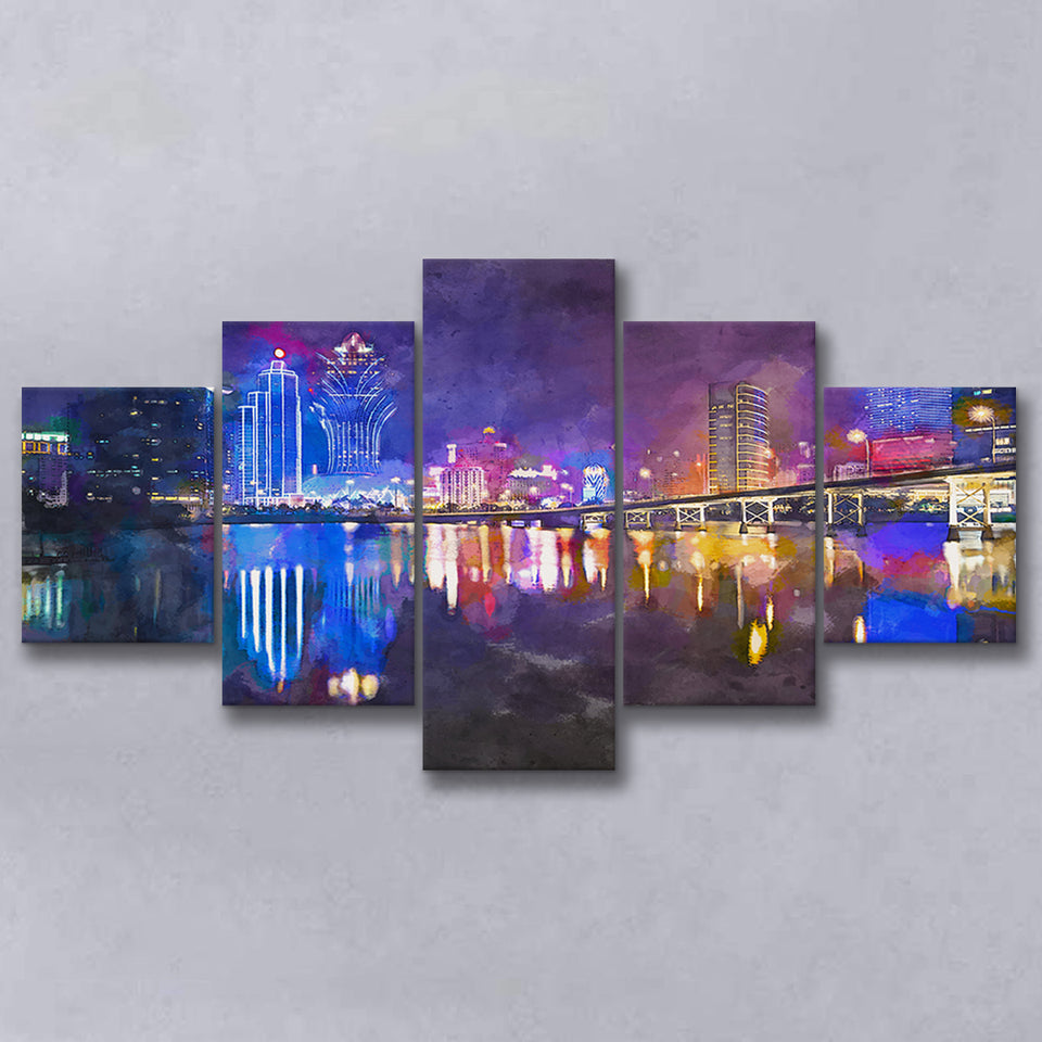 Macau China Skyline High Rise Casino 5 Pieces Mixed Canvas Prints Wall Art Home Decor