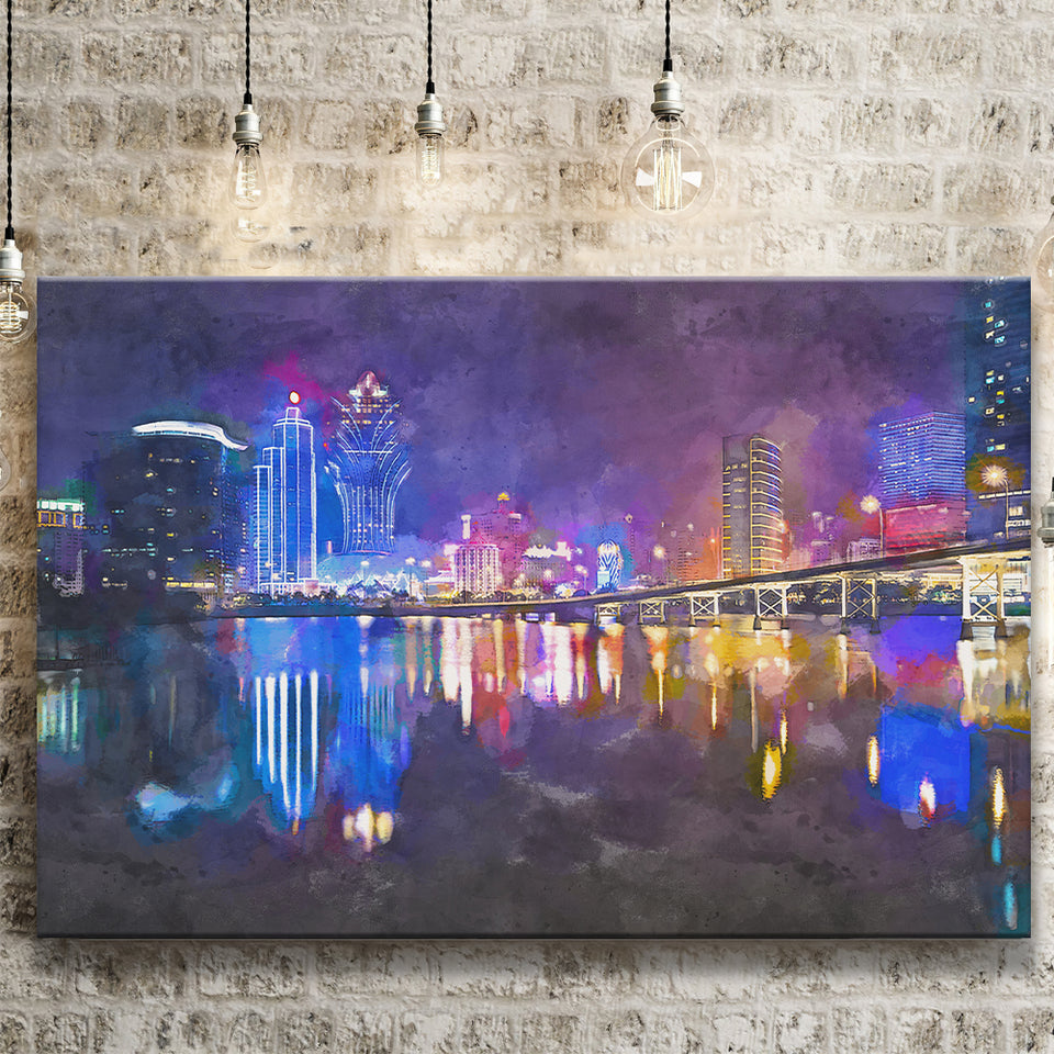 Macau China Skyline High Rise Casino City Art Watercolor Canvas Prints Wall Art Home Decor, Large Canvas