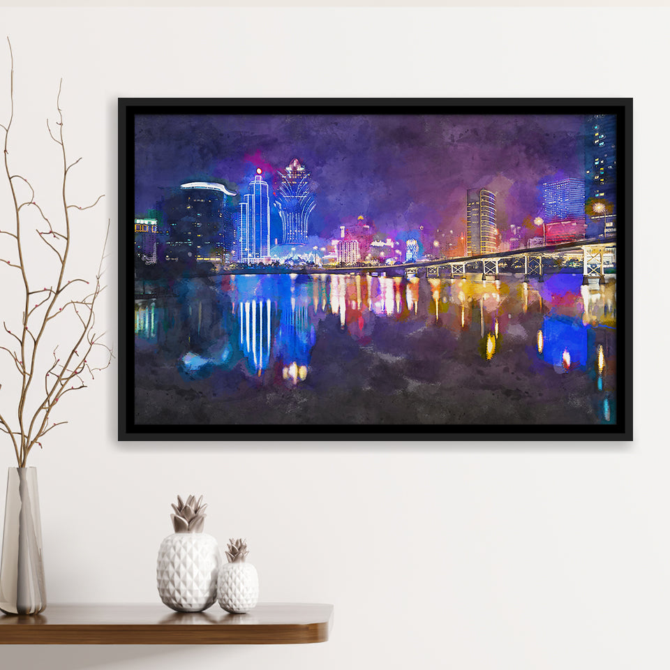Macau China Skyline High Rise Casino City Art Watercolor Framed Canvas Prints Wall Art Home Decor,Floating Frame