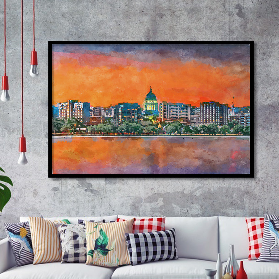 Madison Wisconsin Usa Downtown Skyline Dusk City Art Watercolor Framed Art Prints Wall Art Decor,Framed Picture