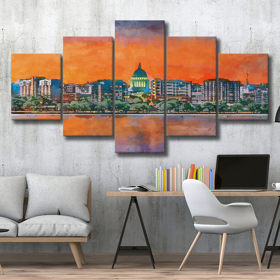 Madison Wisconsin Usa Downtown Skyline Dusk 5 Pieces Mixed Canvas Prints Wall Art Home Decor