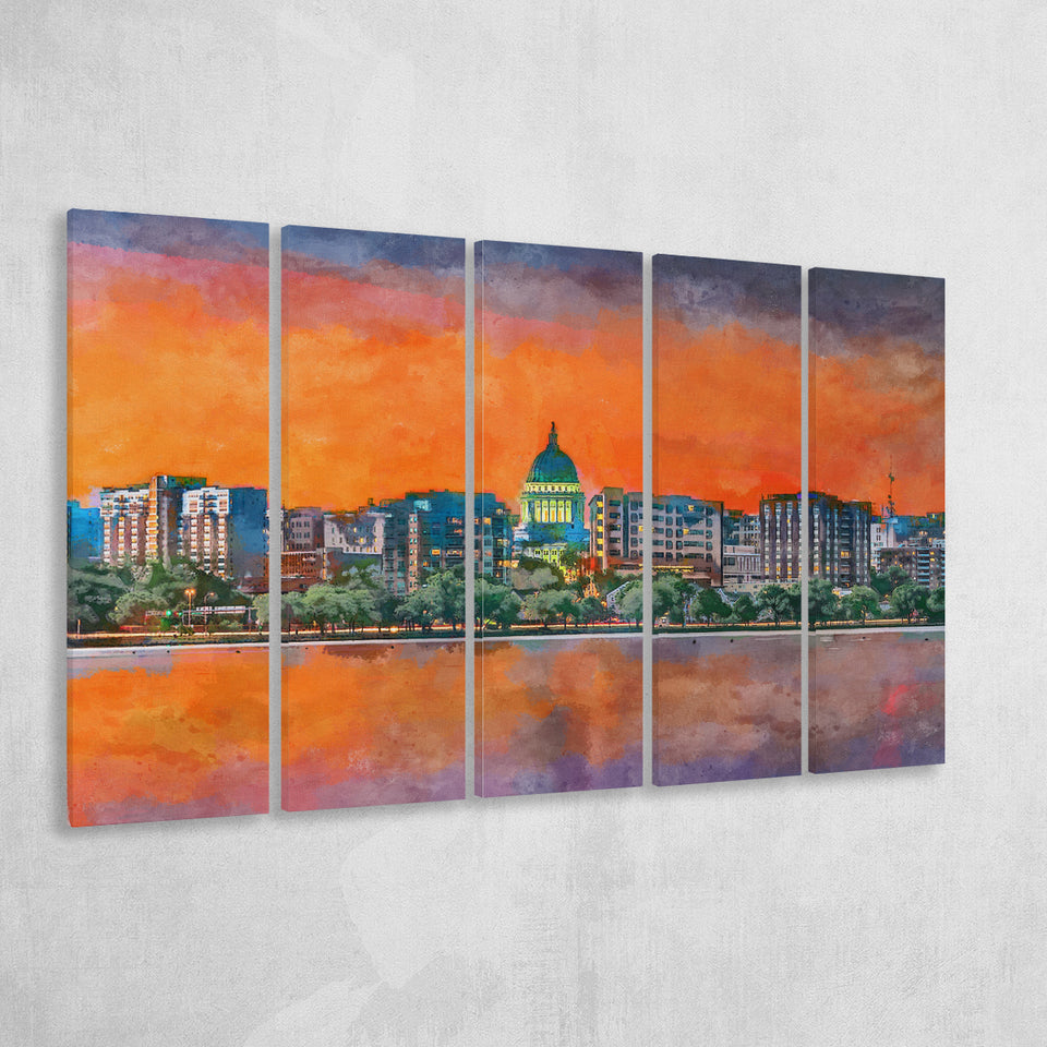 Madison Wisconsin Usa Downtown Skyline Dusk 5 Pieces Extra Large Canvas Prints Wall Art Home Decor