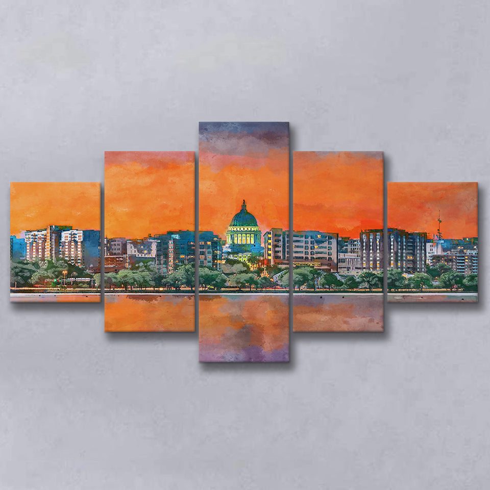 Madison Wisconsin Usa Downtown Skyline Dusk 5 Pieces Mixed Canvas Prints Wall Art Home Decor