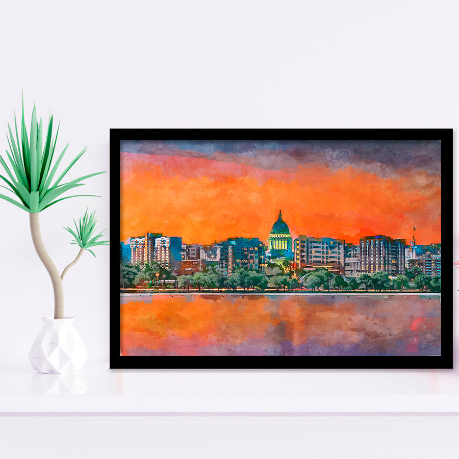 Madison Wisconsin Usa Downtown Skyline Dusk City Art Watercolor Framed Art Prints Wall Art Decor,Framed Picture