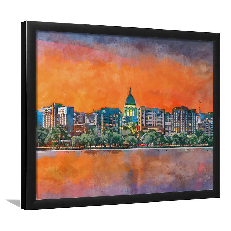 Madison Wisconsin Usa Downtown Skyline Dusk City Art Watercolor Framed Art Prints Wall Art Decor,Framed Picture