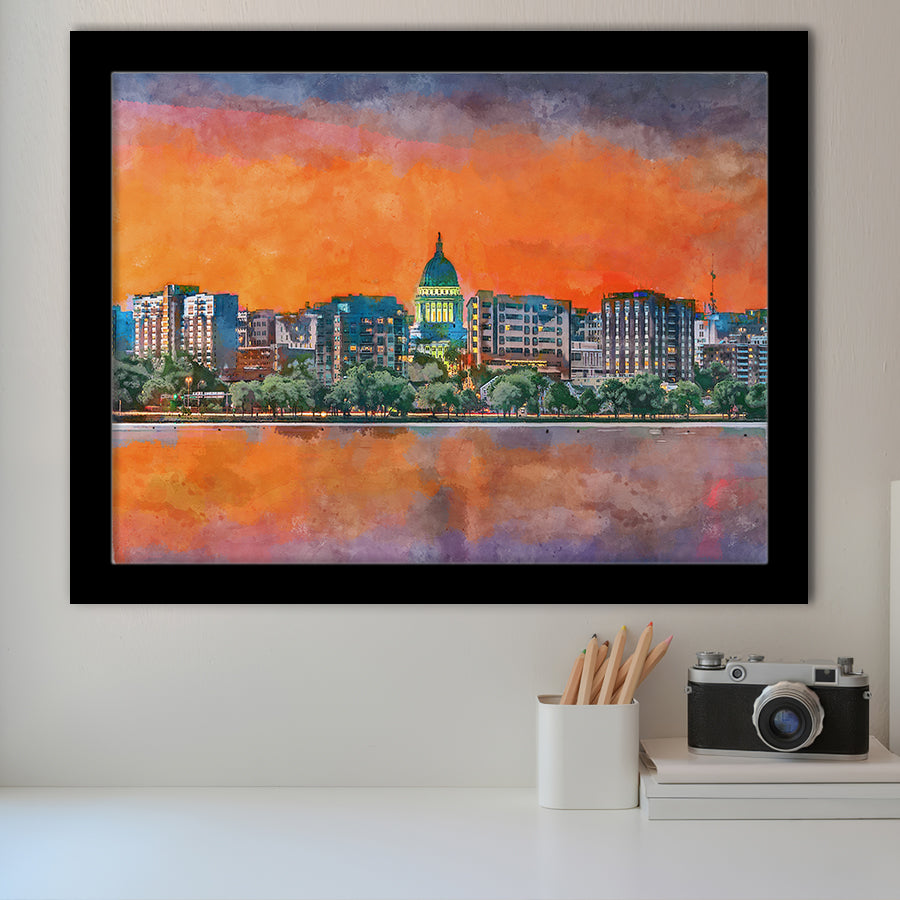 Madison Wisconsin Usa Downtown Skyline Dusk City Art Watercolor Framed Art Prints Wall Art Decor,Framed Picture