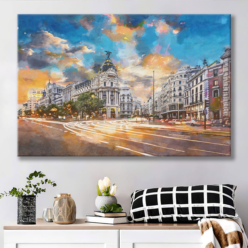 Madrid Spain Cityscape Calle De Alcala City Art Watercolor Canvas Prints Wall Art Home Decor, Large Canvas