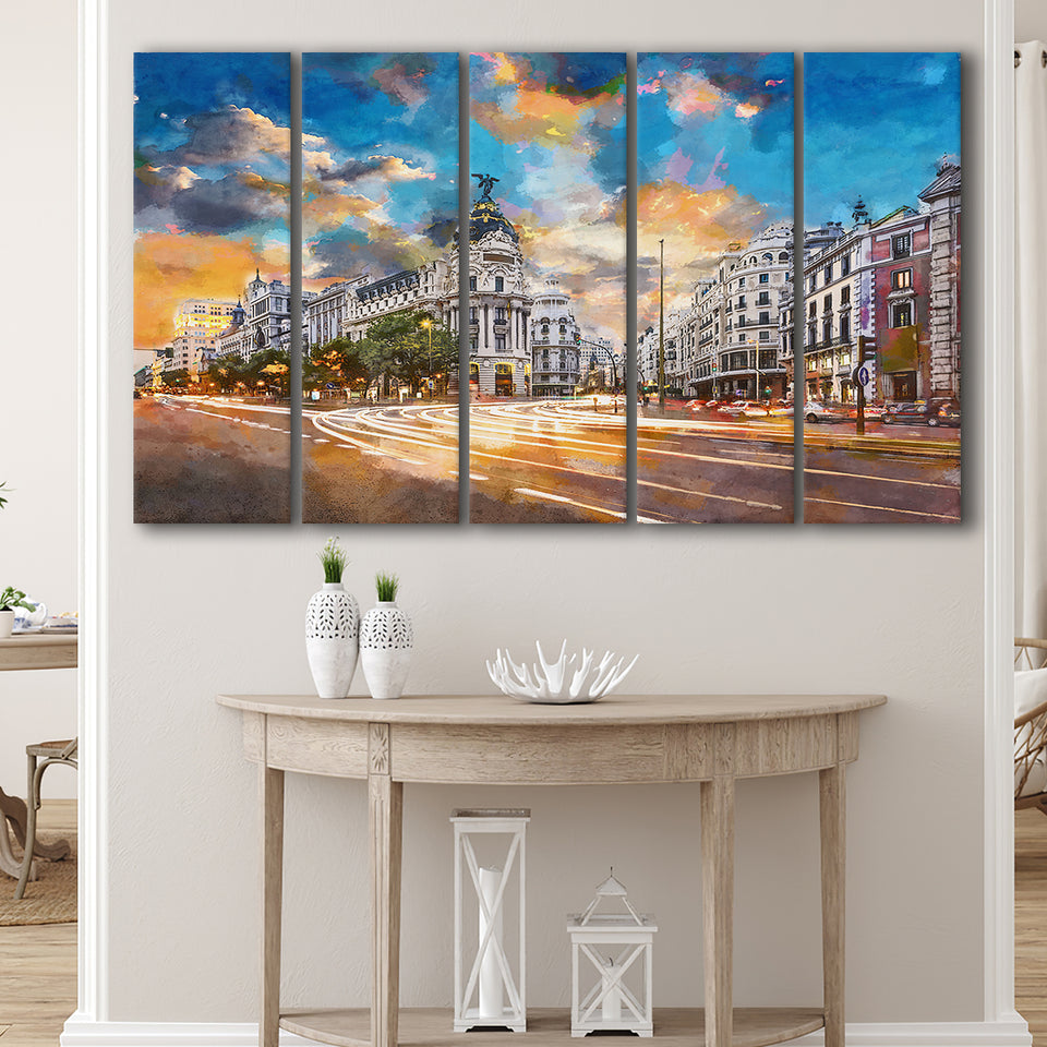 Madrid Spain Cityscape Calle De Alcala 5 Pieces Extra Large Canvas Prints Wall Art Home Decor