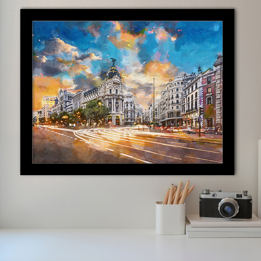 Madrid Spain Cityscape Calle De Alcala City Art Watercolor Framed Art Prints Wall Art Decor,Framed Picture