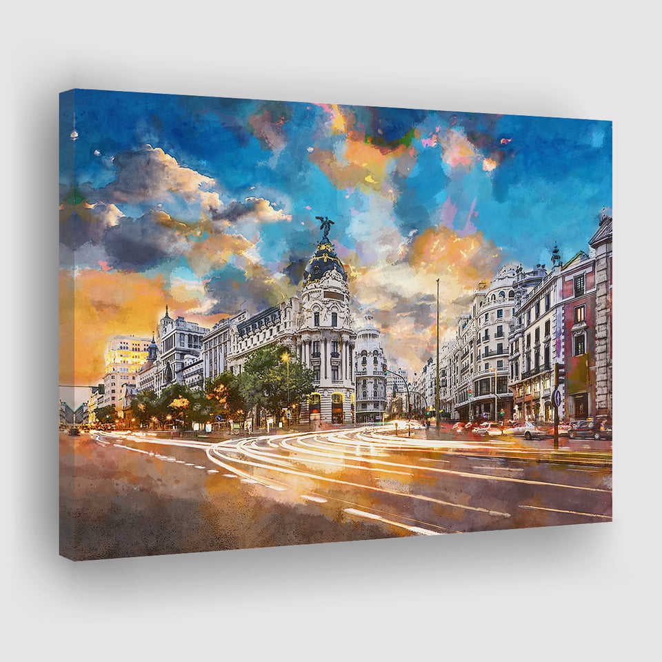 Madrid Spain Cityscape Calle De Alcala City Art Watercolor Canvas Prints Wall Art Home Decor, Large Canvas