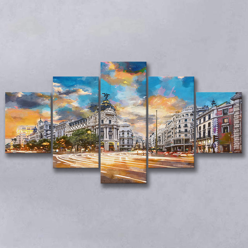 Madrid Spain Cityscape Calle De Alcala 5 Pieces Mixed Canvas Prints Wall Art Home Decor