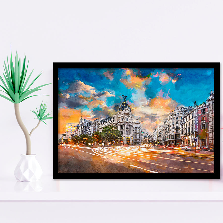 Madrid Spain Cityscape Calle De Alcala City Art Watercolor Framed Art Prints Wall Art Decor,Framed Picture