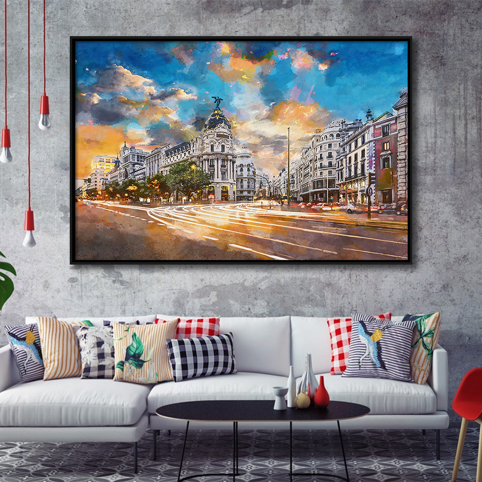 Madrid Spain Cityscape Calle De Alcala City Art Watercolor Framed Canvas Prints Wall Art Home Decor,Floating Frame
