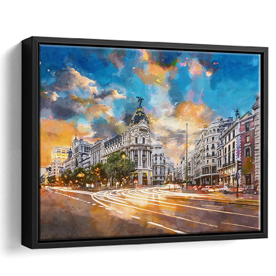 Madrid Spain Cityscape Calle De Alcala City Art Watercolor Framed Canvas Prints Wall Art Home Decor,Floating Frame