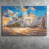 Madrid Spain Cityscape Calle De Alcala City Art Watercolor Canvas Prints Wall Art Home Decor, Large Canvas
