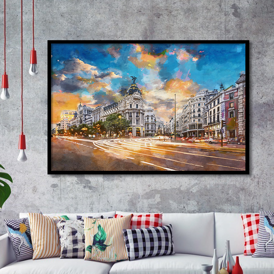 Madrid Spain Cityscape Calle De Alcala City Art Watercolor Framed Art Prints Wall Art Decor,Framed Picture