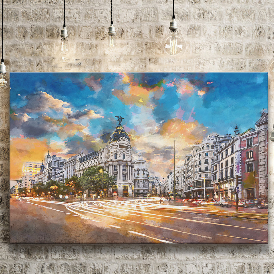 Madrid Spain Cityscape Calle De Alcala City Art Watercolor Canvas Prints Wall Art Home Decor, Large Canvas