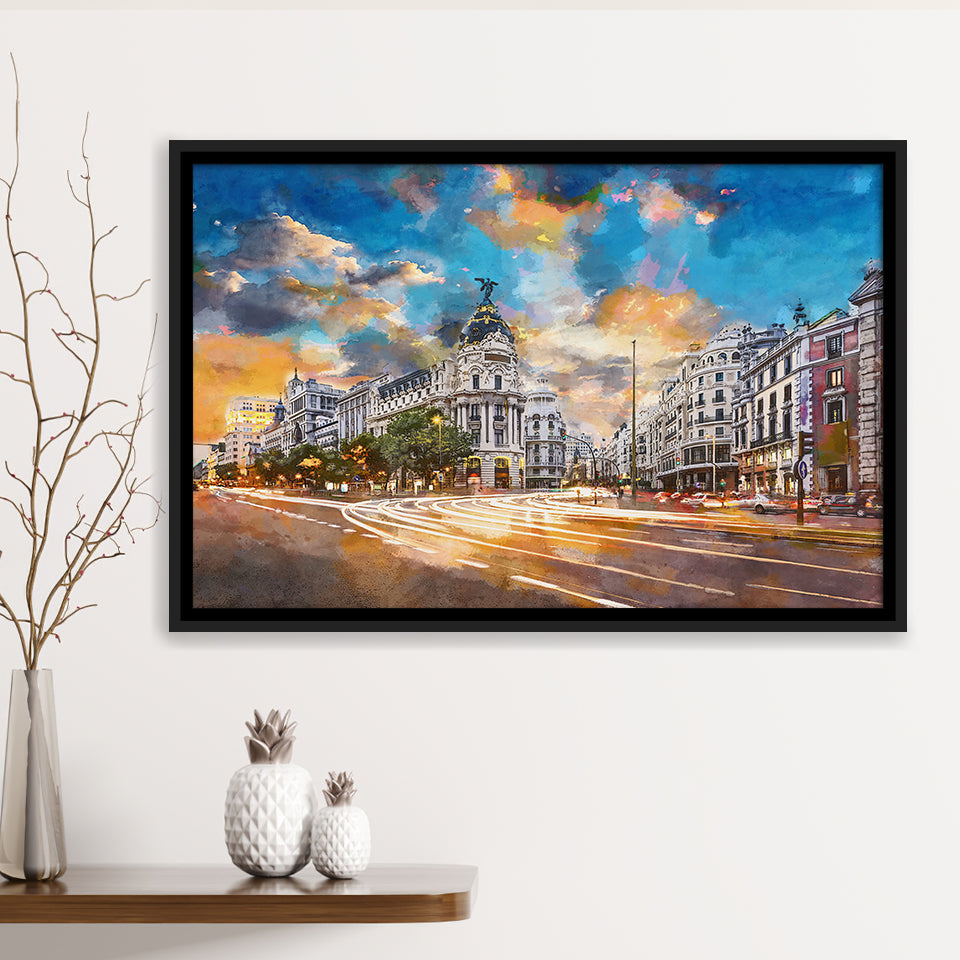 Madrid Spain Cityscape Calle De Alcala City Art Watercolor Framed Canvas Prints Wall Art Home Decor,Floating Frame