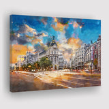 Madrid Spain Cityscape Calle De Alcala City Art Watercolor Canvas Prints Wall Art Home Decor, Large Canvas