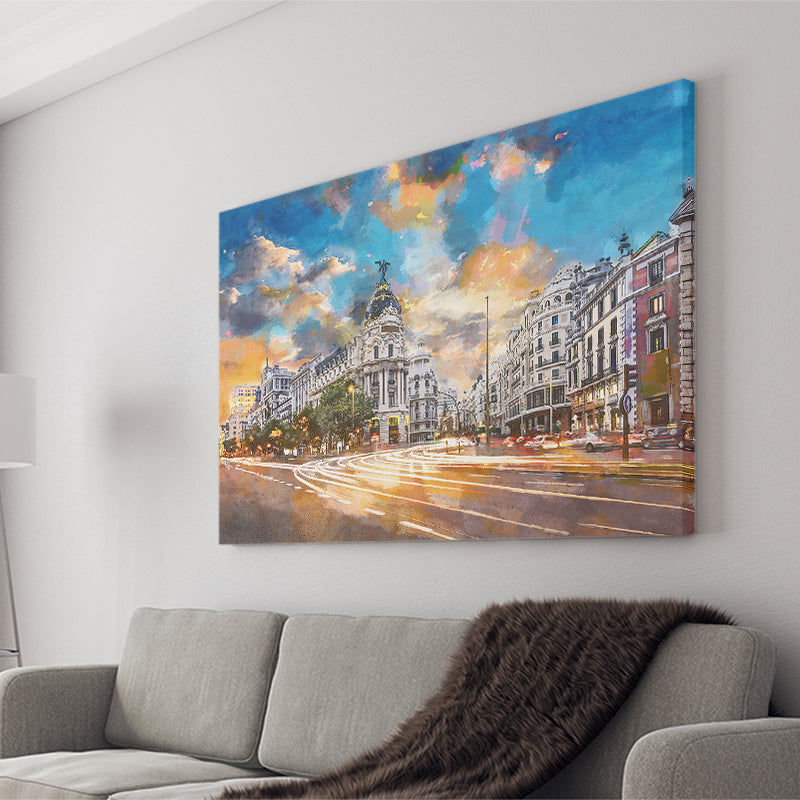 Madrid Spain Cityscape Calle De Alcala City Art Watercolor Canvas Prints Wall Art Home Decor, Large Canvas