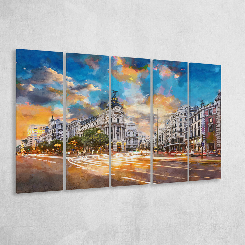 Madrid Spain Cityscape Calle De Alcala 5 Pieces Extra Large Canvas Prints Wall Art Home Decor