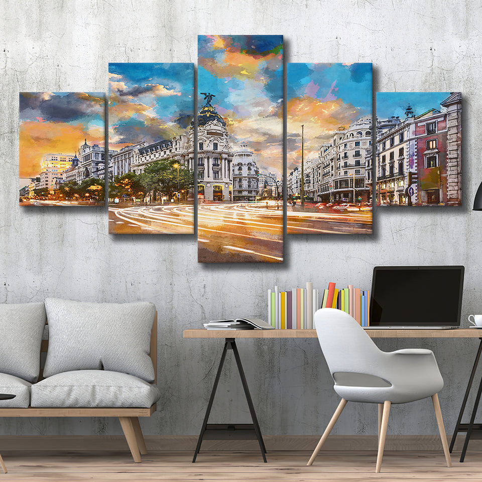 Madrid Spain Cityscape Calle De Alcala 5 Pieces Mixed Canvas Prints Wall Art Home Decor