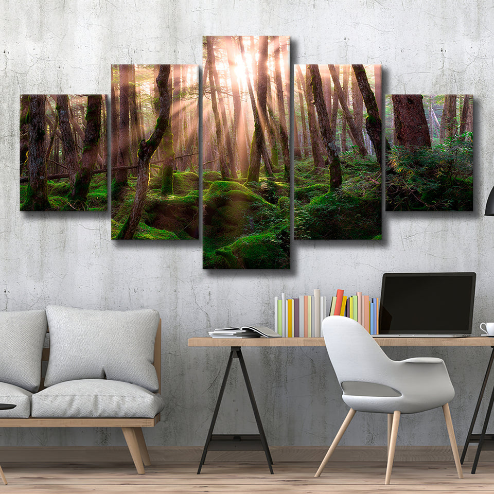 Magical Forest Morning 5 Piece Canvas Prints Wall Art Decor, Multi Panels, Mixed Canvas