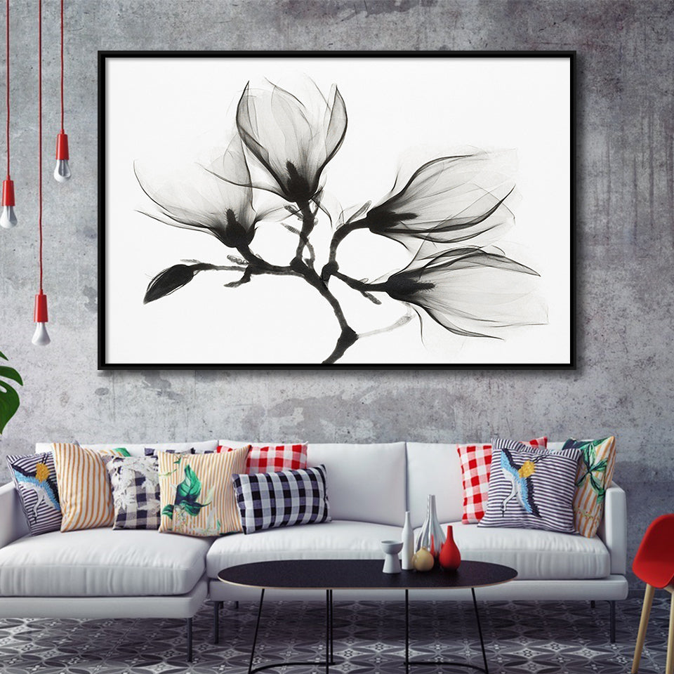 Magnolia Flower Black And White Framed Canvas Prints Wall Art Decor, Framed Picture, Floating Frame