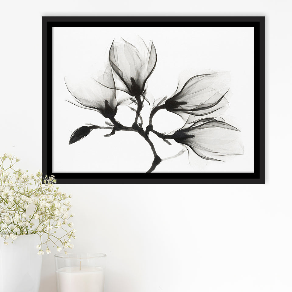 Magnolia Flower Black And White Framed Canvas Prints Wall Art Decor, Framed Picture, Floating Frame
