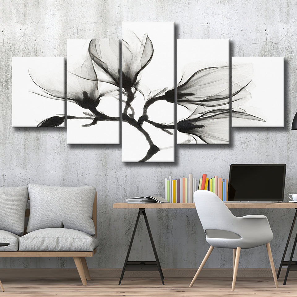 Magnolia Flower Black And White 5 Piece Canvas Prints Wall Art Decor, Multi Panels, Mixed Canvas