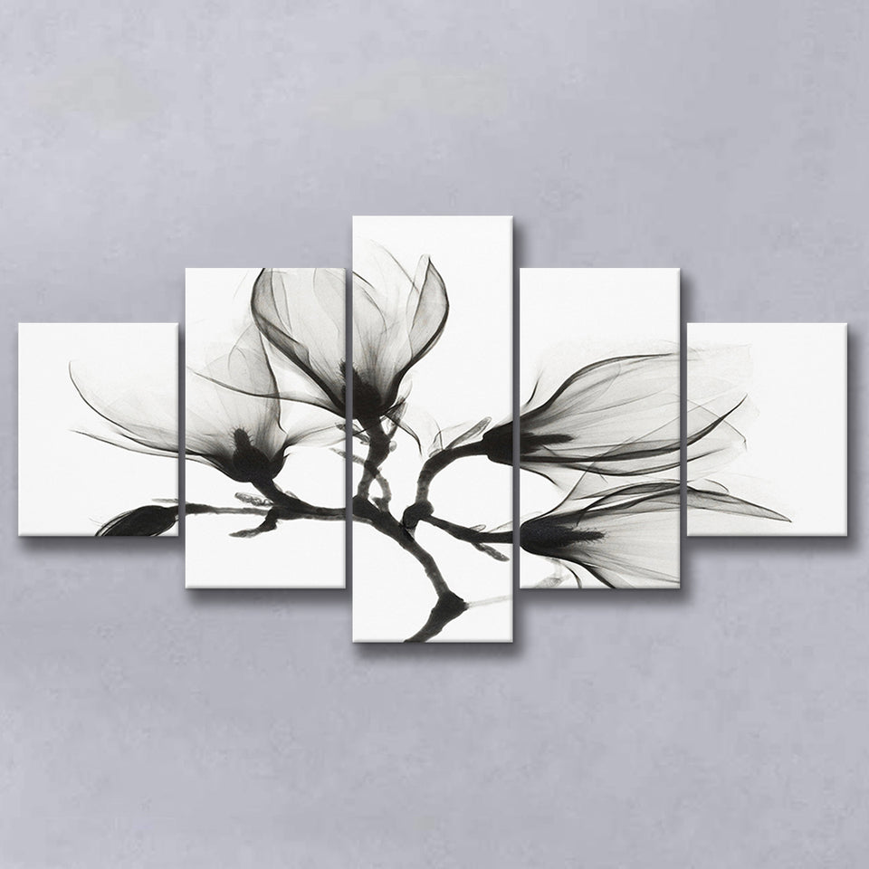 Magnolia Flower Black And White 5 Piece Canvas Prints Wall Art Decor, Multi Panels, Mixed Canvas