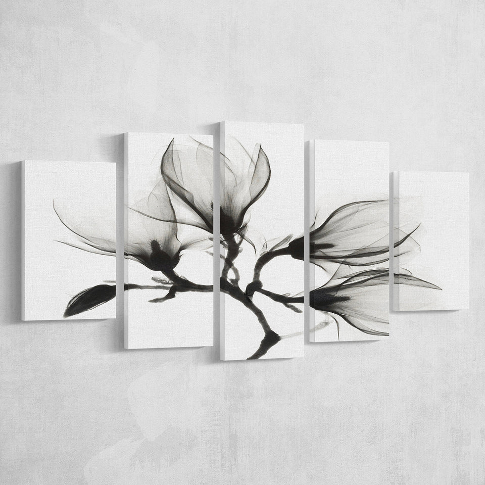 Magnolia Flower Black And White 5 Piece Canvas Prints Wall Art Decor, Multi Panels, Mixed Canvas