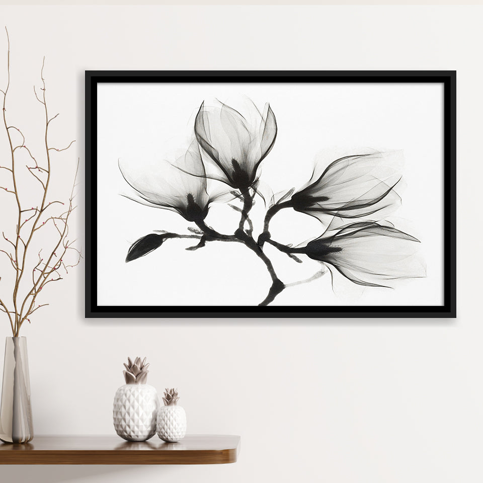 Magnolia Flower Black And White Framed Canvas Prints Wall Art Decor, Framed Picture, Floating Frame