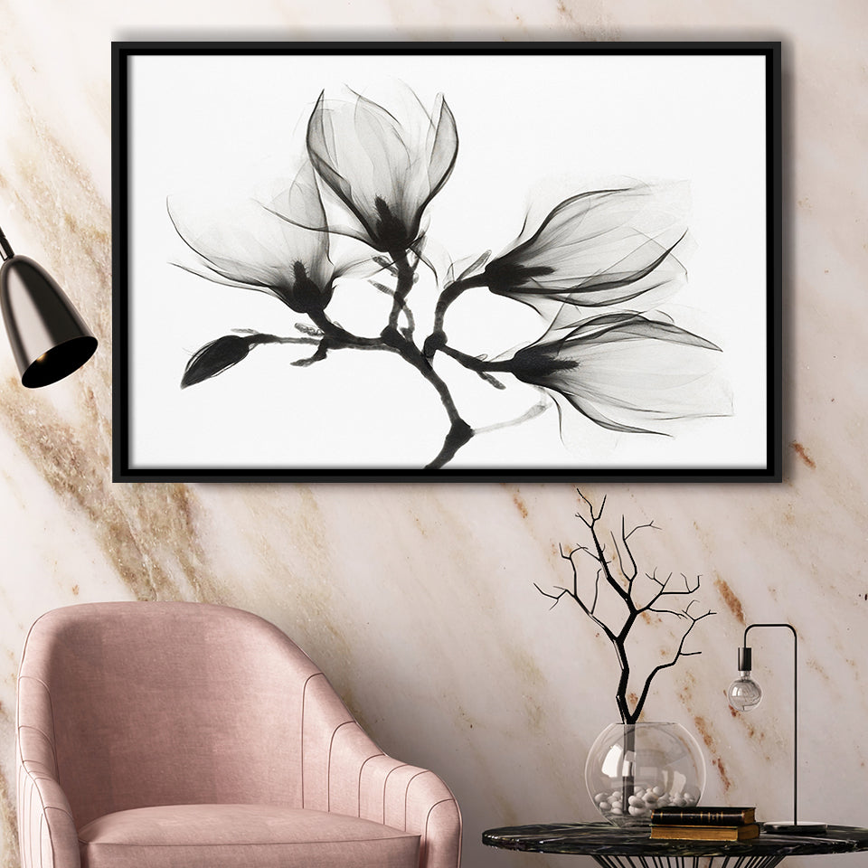 Magnolia Flower Black And White Framed Canvas Prints Wall Art Decor, Framed Picture, Floating Frame