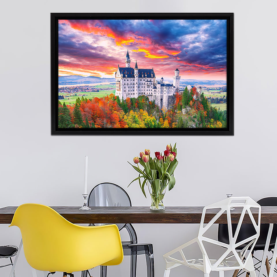 Majestic Sunset View Of Famous Neuschwanstein Castle Framed Canvas Wall Art - Framed Prints, Canvas Prints,For Sale, Canvas Painting