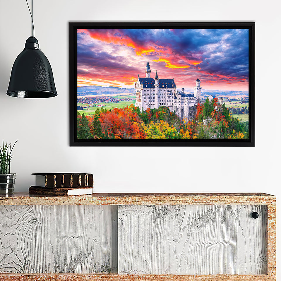 Majestic Sunset View Of Famous Neuschwanstein Castle Framed Canvas Wall Art - Framed Prints, Canvas Prints,For Sale, Canvas Painting