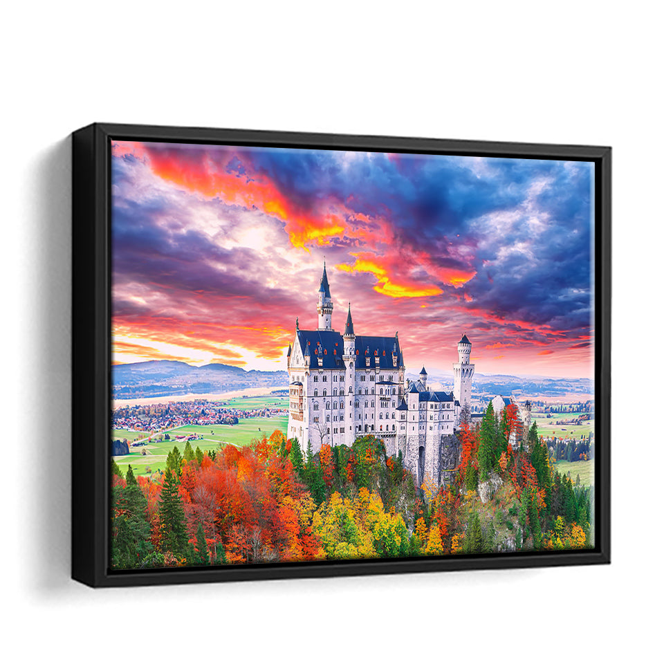 Majestic Sunset View Of Famous Neuschwanstein Castle Framed Canvas Wall Art - Framed Prints, Canvas Prints,For Sale, Canvas Painting