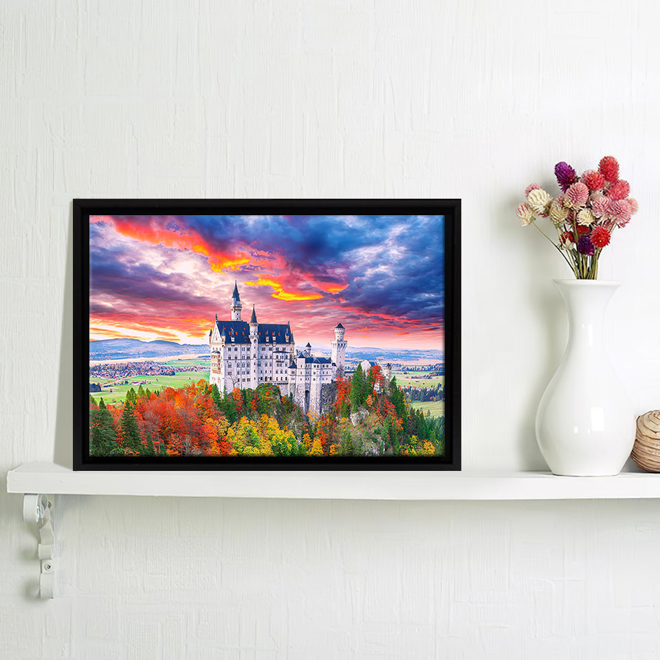 Majestic Sunset View Of Famous Neuschwanstein Castle Framed Canvas Wall Art - Framed Prints, Canvas Prints,For Sale, Canvas Painting