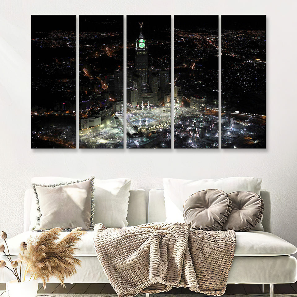 Makkah Clock Tower 5 Piece Canvas Prints Wall Art - Painting Prints, Wall Decor,Multi Panels