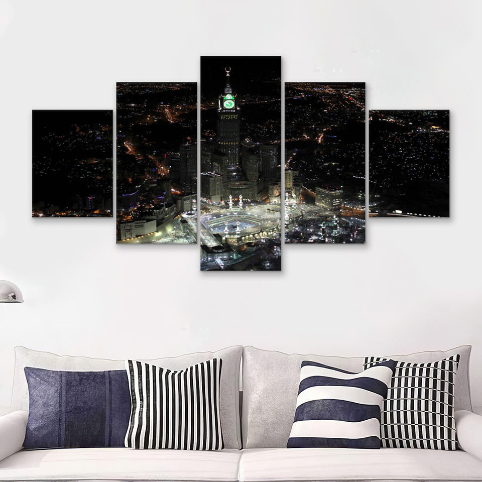 Makkah Clock Tower 5 Piece Canvas Prints Wall Art - Painting Prints, Wall Decor,Multi Panel