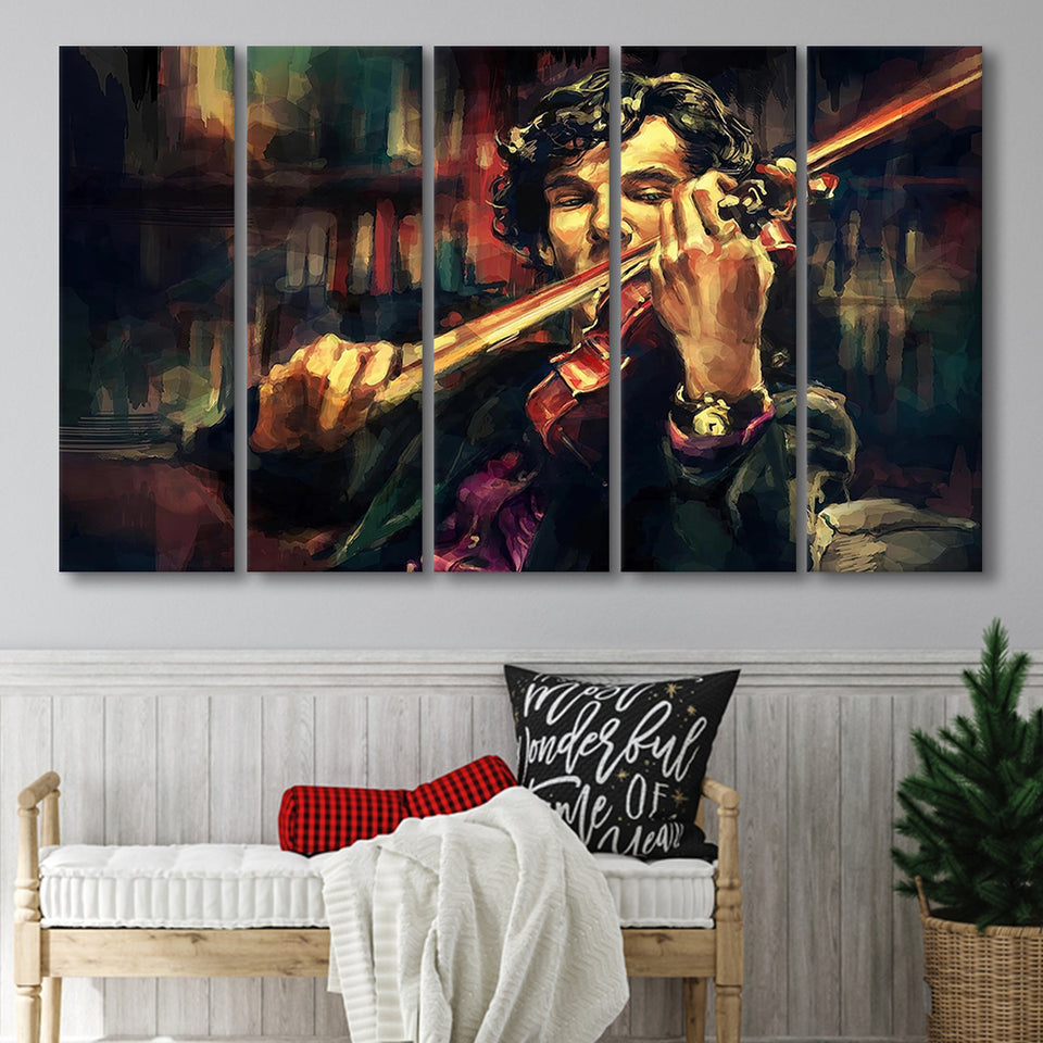 Man Play Violinist Art Music Room Art 5 Piece B Canvas Prints Wall Art, Multi Panels,Large Canvas