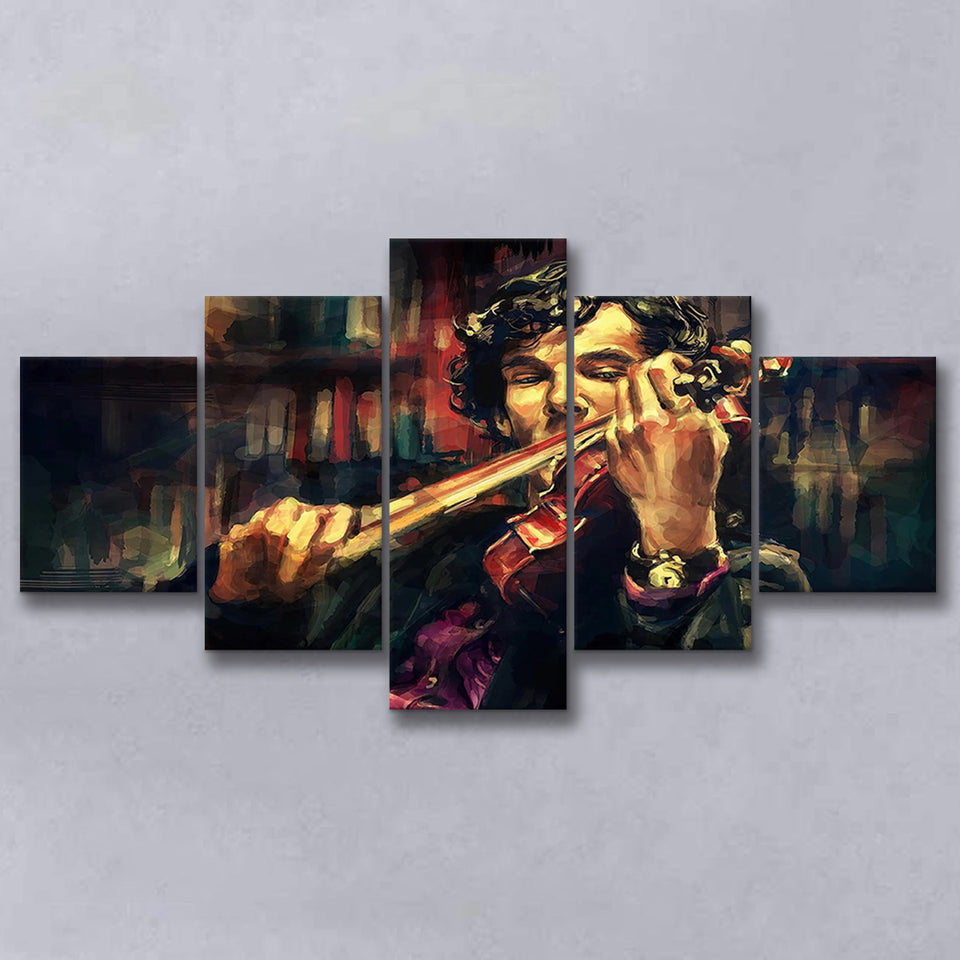 Man Play Violinist Art Music Room Art 5 Piece Canvas Prints Wall Art Decor, Multi Panels, Mixed Canvas